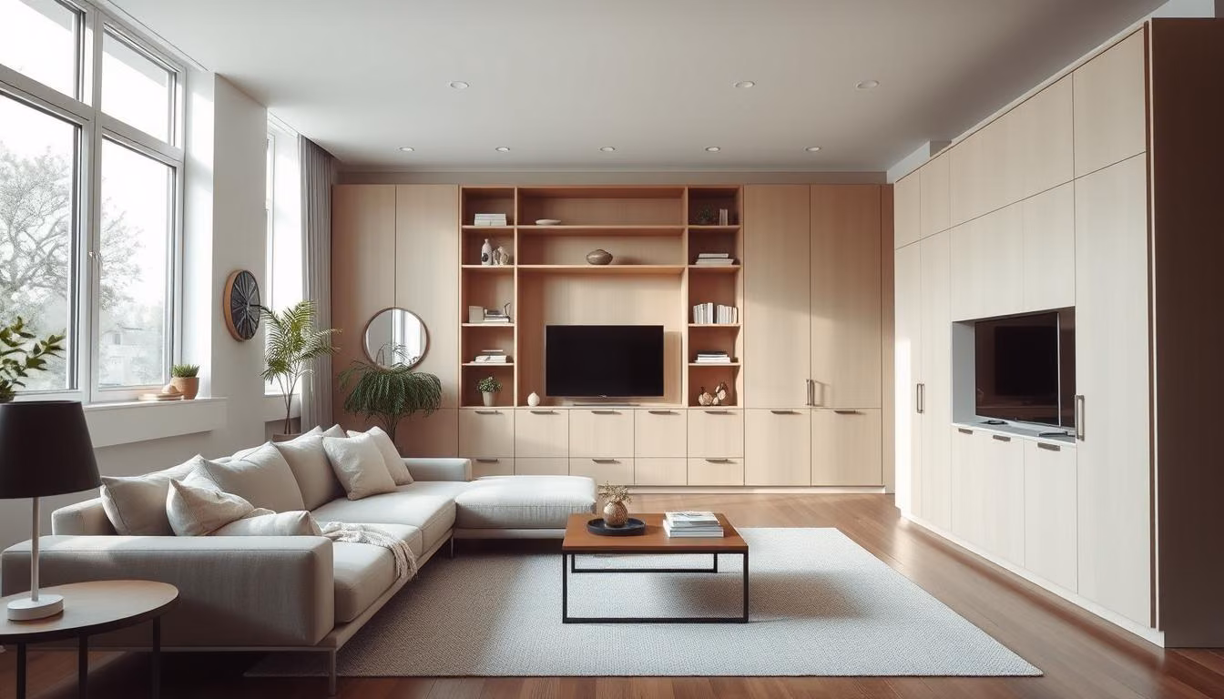 A minimalist and well-organized home interior with clever space-saving solutions.