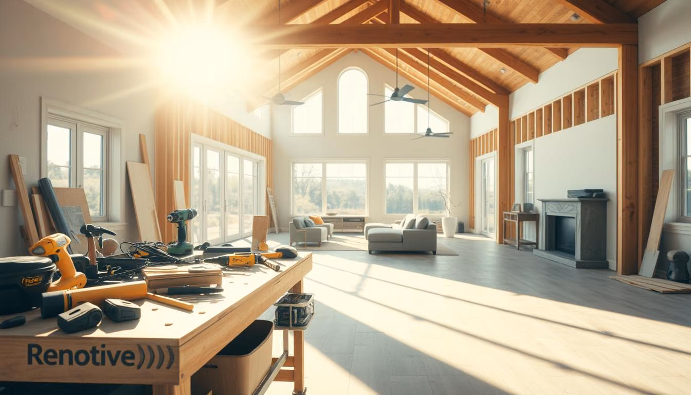 A modern, sun-drenched home renovation project in progress.