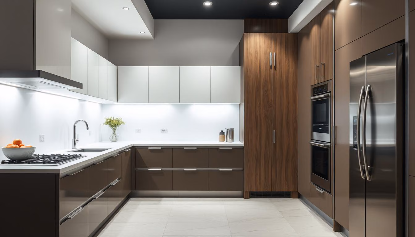 Create an image of a modern kitchen with sleek countertops and stainless steel appliances.