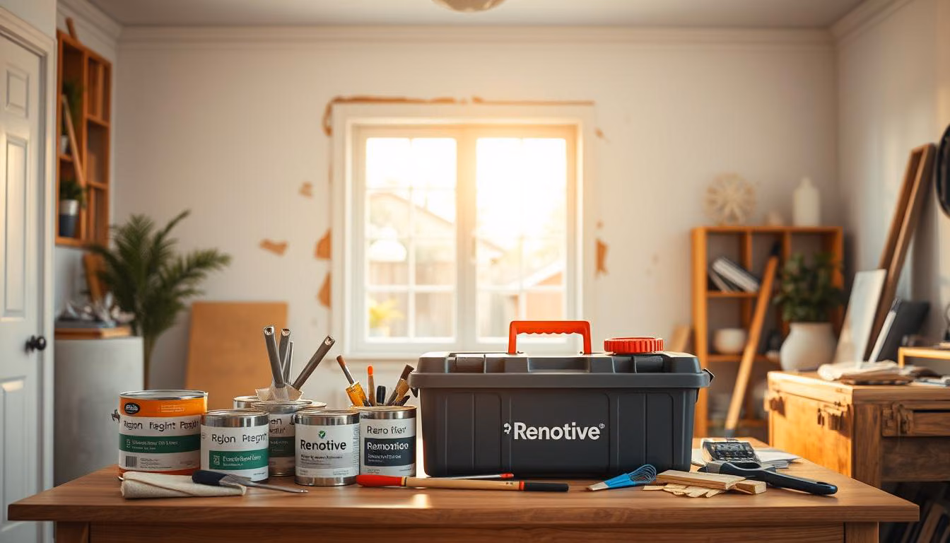 A well-lit and organized home office, with various renovation tools and materials neatly arranged on the desk
