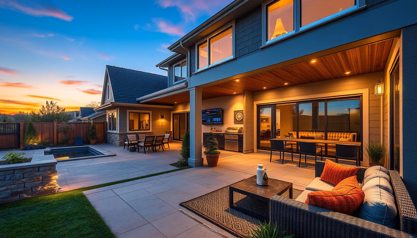 image of a modern home with an outdoor living space that includes a patio, outdoor kitchen