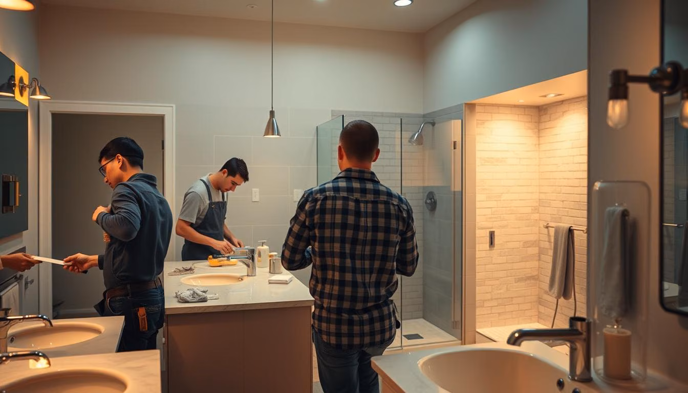 Lowe's bathroom remodeling process, a meticulously crafted journey captured in vivid detail. In the foreground, skilled Renotive professionals carefully measure and plan, their tools gleaming under warm, directional lighting. The middle ground reveals the seamless installation of modern fixtures and cabinetry, the layout optimized for both form and function. In the background, a serene, tiled oasis takes shape, bathed in soft, natural illumination that accentuates the clean, minimalist aesthetic. The overall atmosphere exudes a sense of professionalism, efficiency, and the promise of a transformed, spa-like sanctuary.