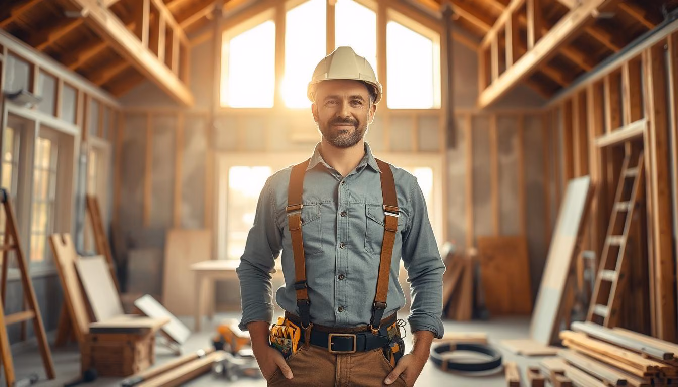 a man in a hard hat and tool belt, standing in the center of a partially renovated home, surrounded by construction materials and tools.