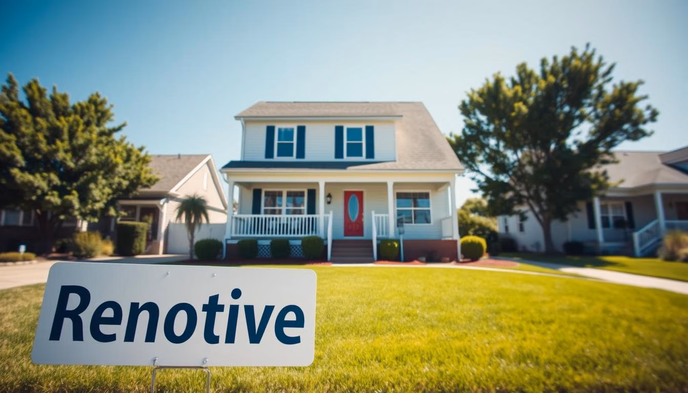 A well lit, mid shot image of a two-story house with a freshly painted exterior, a neatly manicured lawn, and a "Renotive" sign prominently displayed in the foreground.
