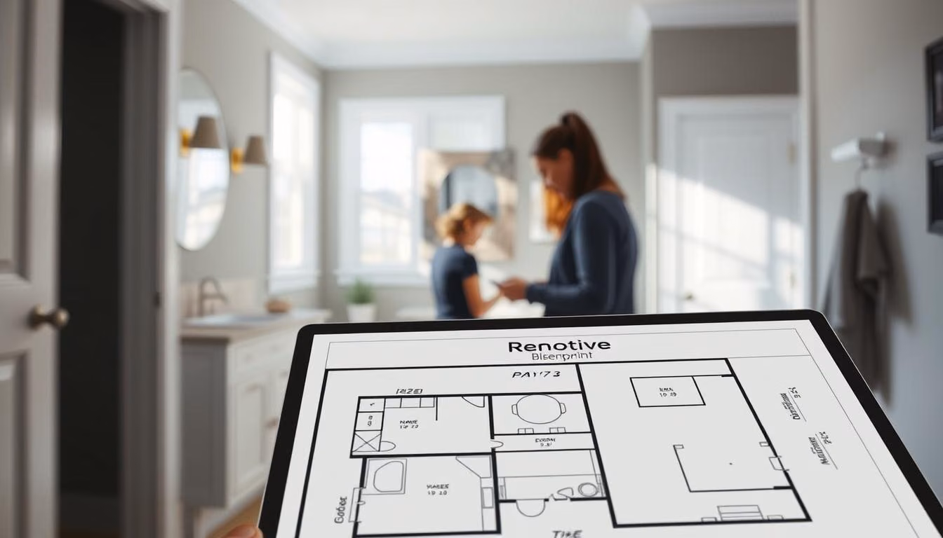 A modern well-lit bathroom with a detailed floor plan displayed on a tablet