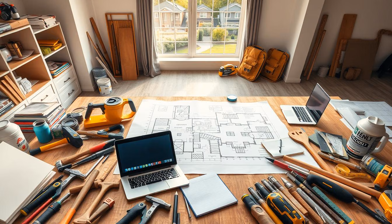 A well organized home renovation preparation scene depicting a Renotive-branded workspace.