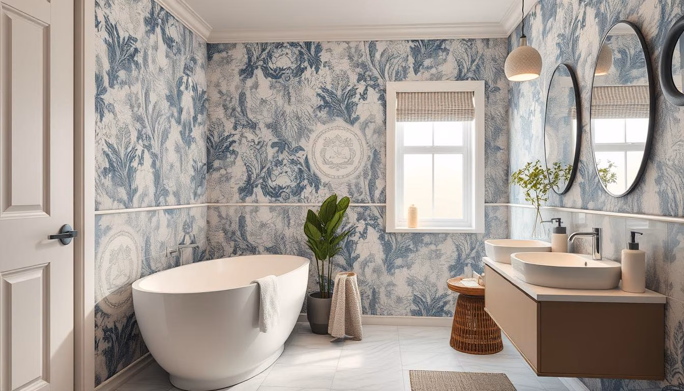 Generate an image of peel-and-stick wallpaper in a bathroom