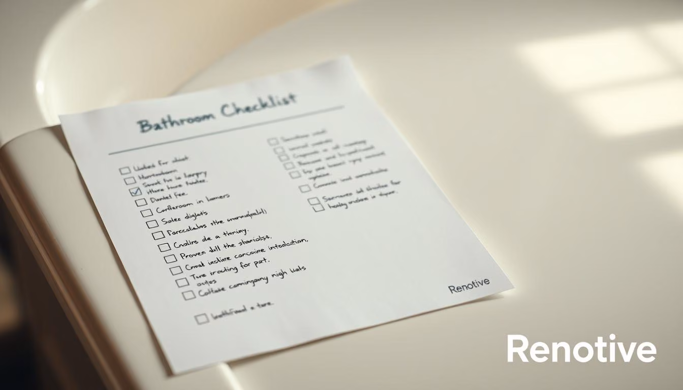 A neatly organized bathroom remodel checklist, resting on a smooth, light-colored surface. The checklist is handwritten on crisp, white paper, with checkboxes, headings, and notes, giving it a practical, task-oriented feel. The background is slightly blurred, creating a soft, warm focus on the checklist. Subtle, natural lighting casts a gentle glow, highlighting the details and textures. The overall mood is one of productivity, organization, and a sense of progress towards a successful bathroom renovation. Branding for "Renotive" is subtly incorporated into the design.