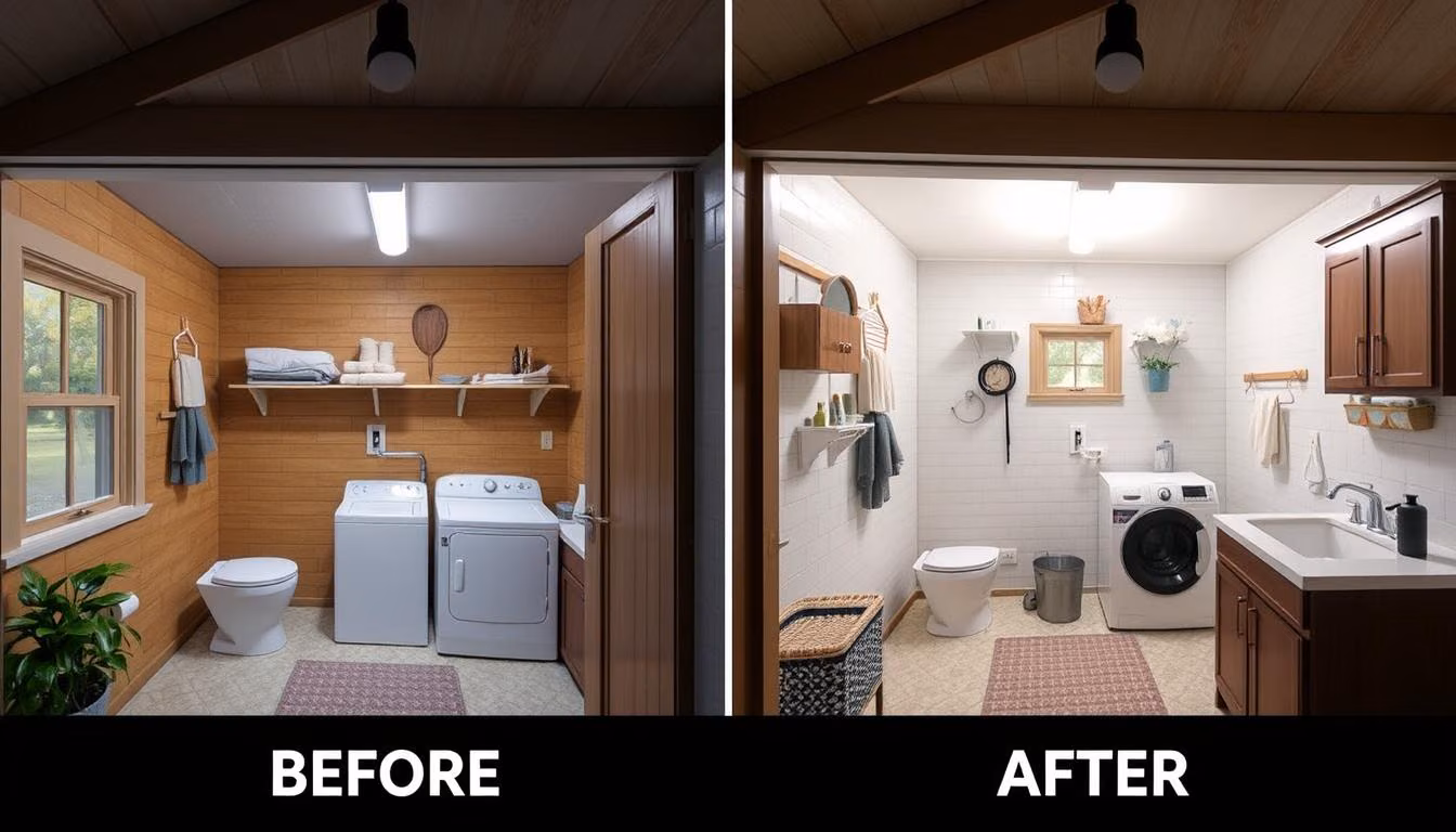 Image of a before-and-after utility room addition transformation