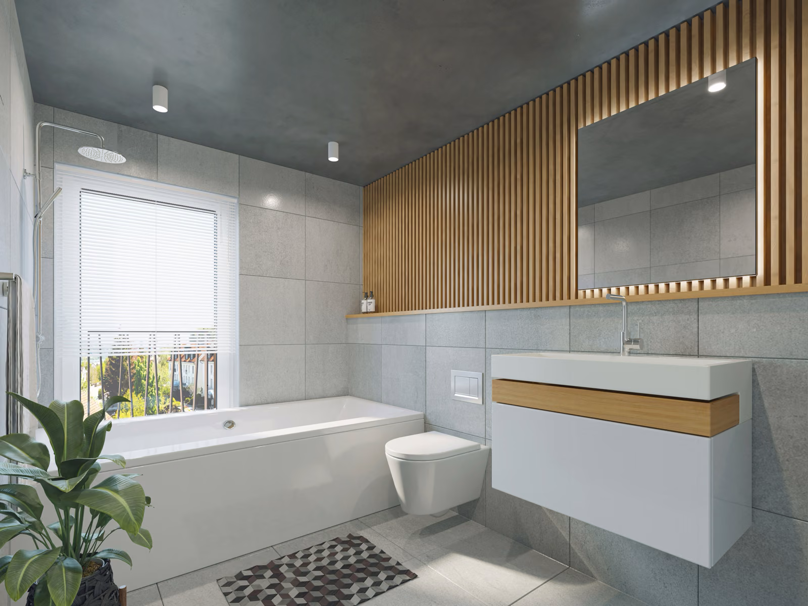 A well-lit bathroom interior, the foreground showcasing a tiled wall with the Renotive brand tile cleaner and a scrub brush. In the middle ground, a person in casual attire meticulously scrubbing the tiles, ensuring a spotless, gleaming surface. The background features other bathroom fixtures like a vanity and mirror, all bathed in warm, indirect lighting that creates a serene, spa-like atmosphere. The tiles are a mix of neutral hues, complementing the overall calming aesthetic. The scene conveys the importance of regular tile maintenance for preserving the luxurious look and feel of a bathroom space.