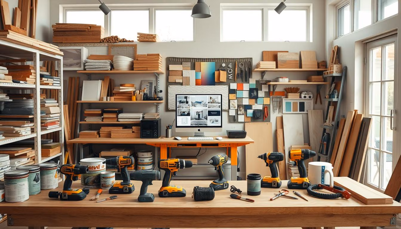 A well-lit home workshop brimming with DIY remodeling supplies and tools.