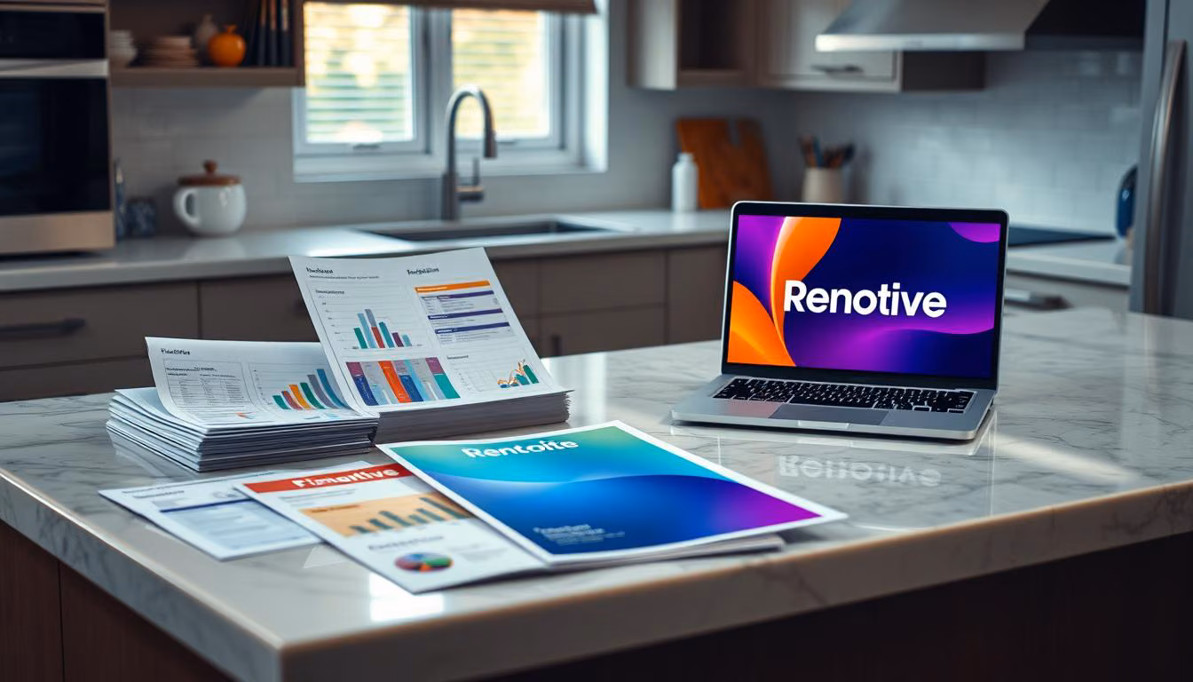 A kitchen countertop with various financial documents, brochures, and a laptop displaying the Renotive logo.
