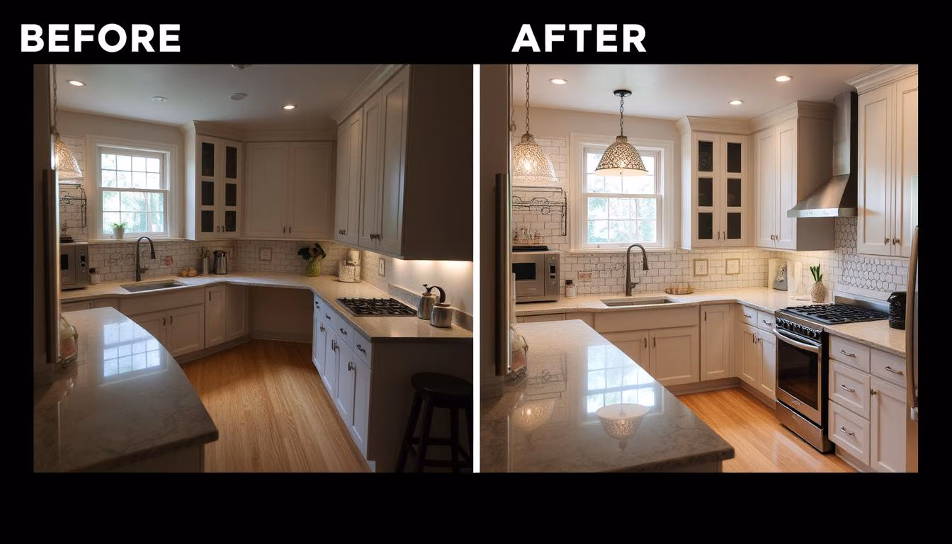 Image of a kitchen expansion before and after renovation