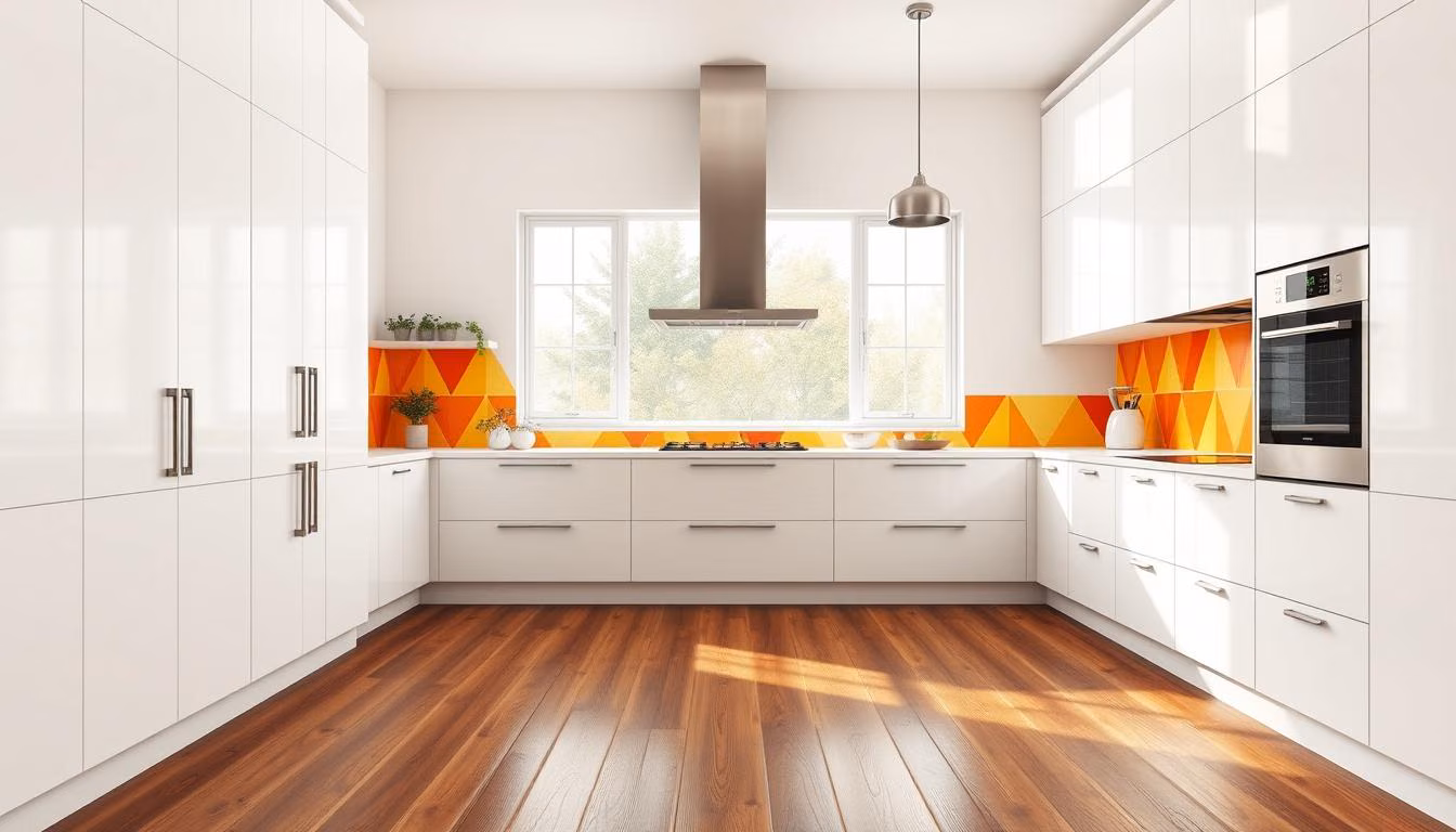 A modern kitchen interior with a vibrant color scheme that transforms the space.