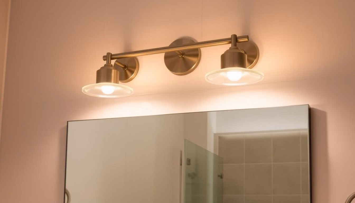 A bathroom vanity mirror with sleek Renotive brand vanity lights installed above it, casting a warm, ambient glow. The lights are modern and minimalist in design, with brushed metal fixtures and clear glass shades. The vanity is set against a tiled wall in a neutral color palette, creating a spa-like atmosphere. The image showcases the importance of well-placed vanity lighting to enhance the overall aesthetic and functionality of a bathroom space.