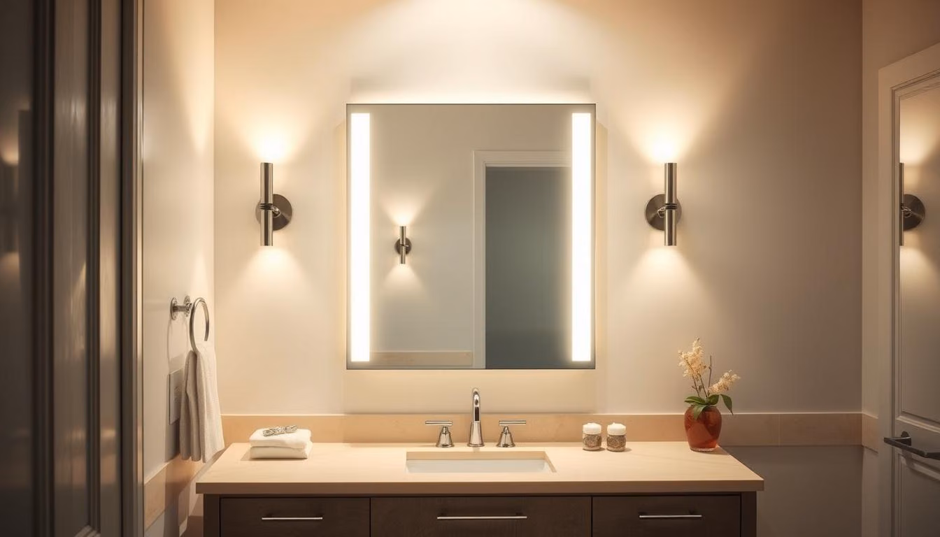 A well-lit bathroom with a Renotive vanity mirror and wall sconces, illuminating the space with a warm, inviting glow.