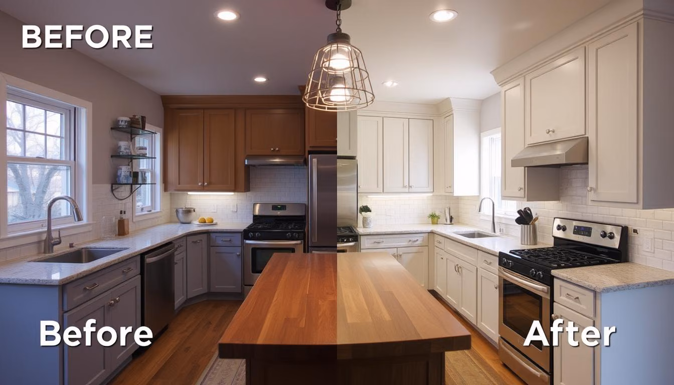 Image of a kitchen remodel with a before and after transformation