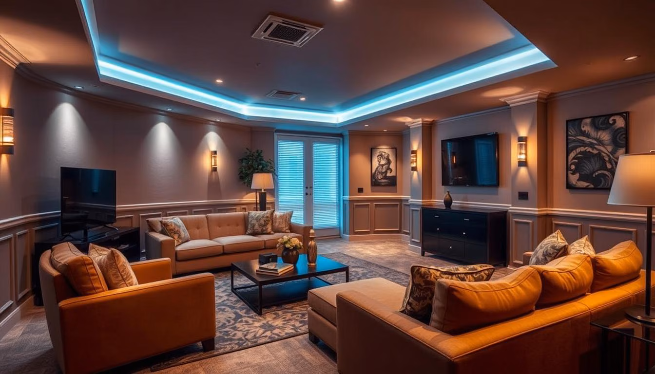 Generate an image of a finished basement with modern decor and lighting.