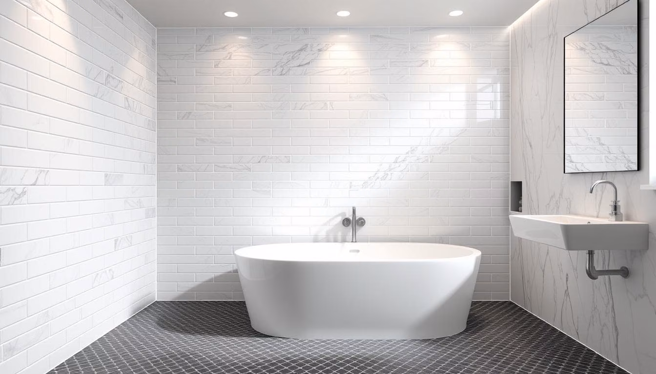 Elegant bathroom tile combinations featuring a mix of Renotive glossy white subway tiles, light gray marble-look ceramic
