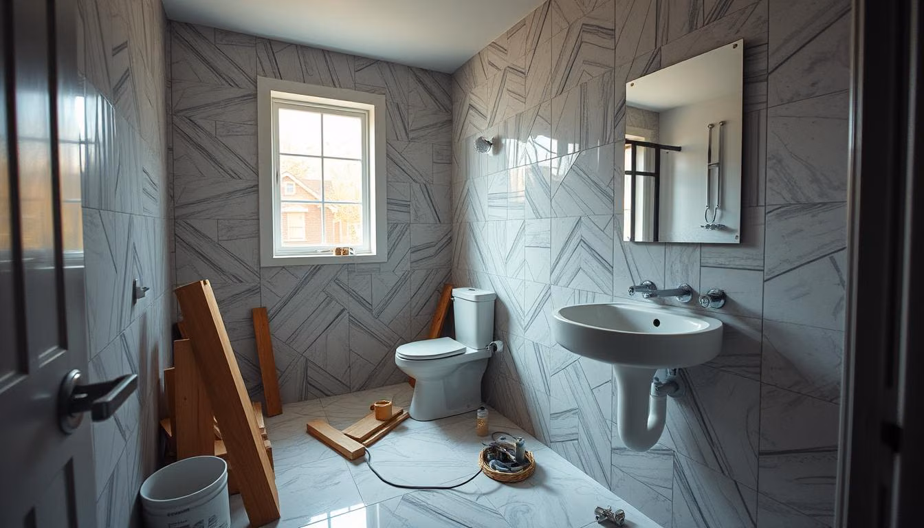Image of a bathroom under renovation with new fixtures being installed