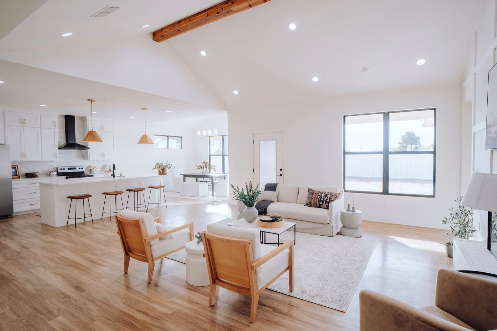 A modern, open-concept home interior with clean lines and minimalist decor.