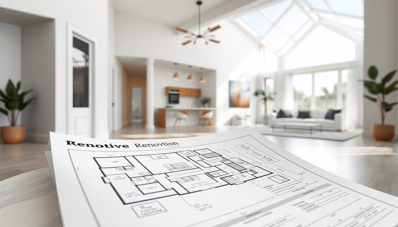 A detailed renovation plan featuring the Renotive brand, showcasing a bright, modern home interior with an open floor plan.