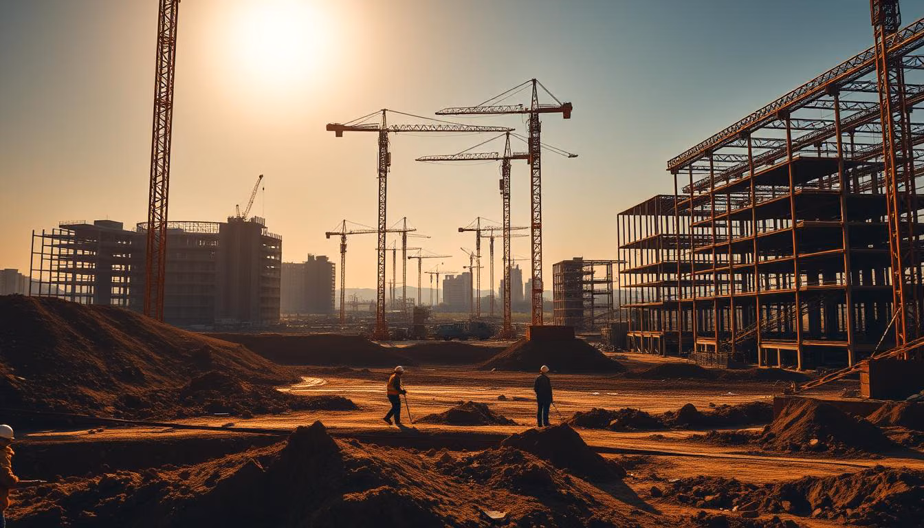 A sprawling Renotive construction site, bathed in warm, golden sunlight.