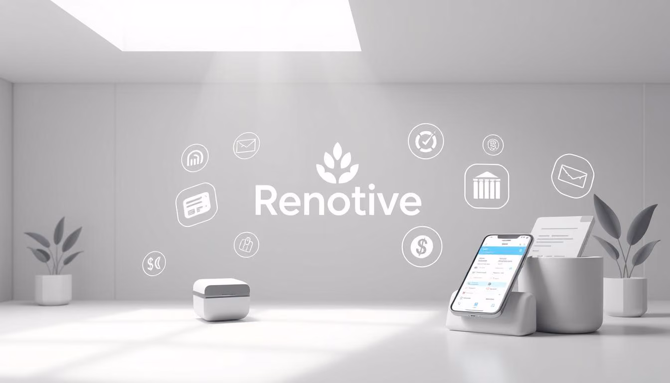A high-quality financial illustration showcasing various payment options, including credit cards, mobile payments, bank transfers, and installment plans. The scene is set in a modern, minimalist environment with clean lines and a neutral color palette, allowing the payment methods to take center stage. The Renotive brand logo is prominently displayed, reflecting the article's focus on kitchen cabinet makeovers and financing. Soft, directional lighting creates depth and emphasizes the textural details of the payment icons and interfaces. The overall composition is balanced and visually appealing, conveying a sense of professionalism and financial security.