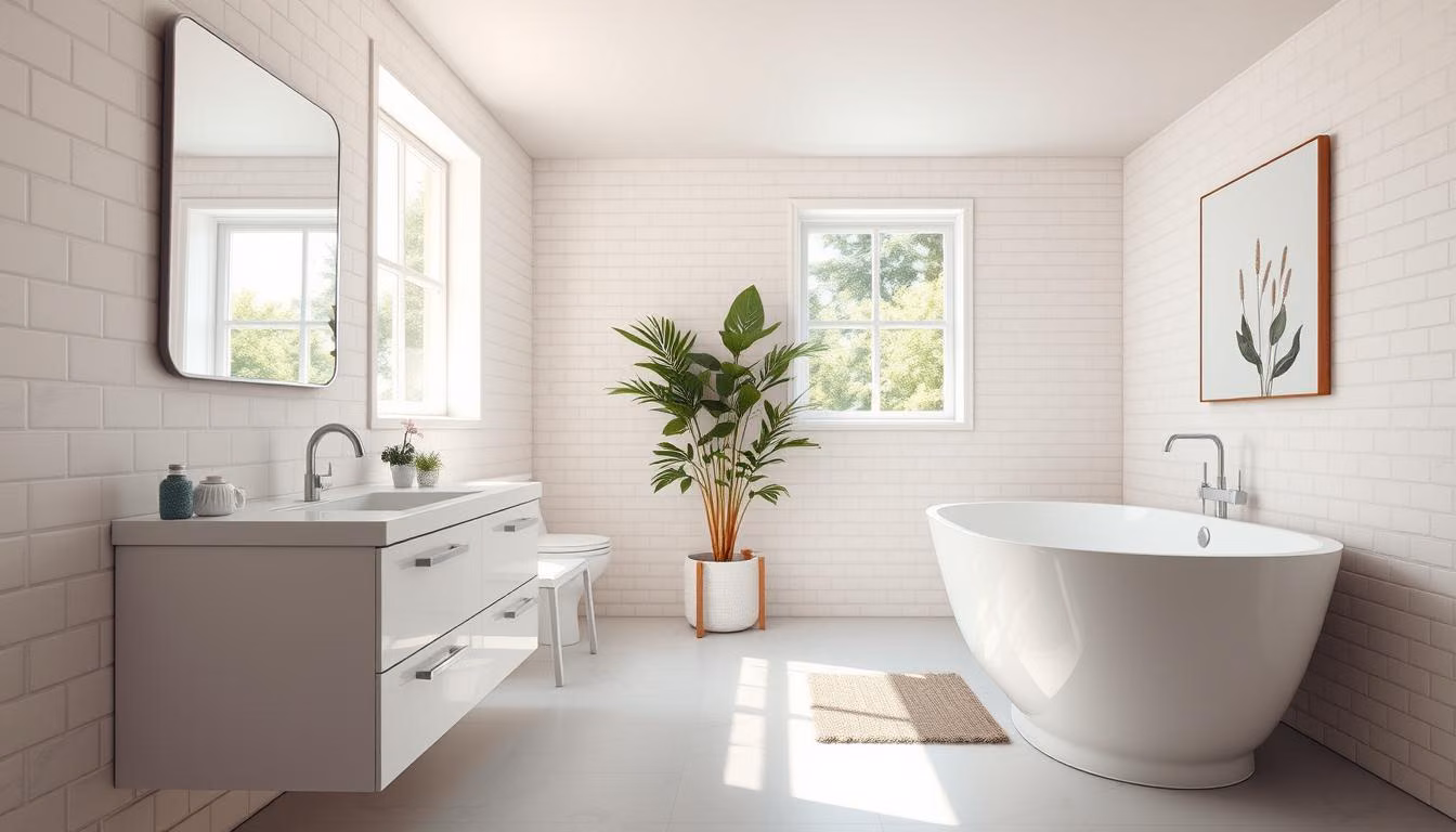 A modern, well-lit bathroom with a sleek Renotive vanity, a large mirror, and an elegant freestanding bathtub.