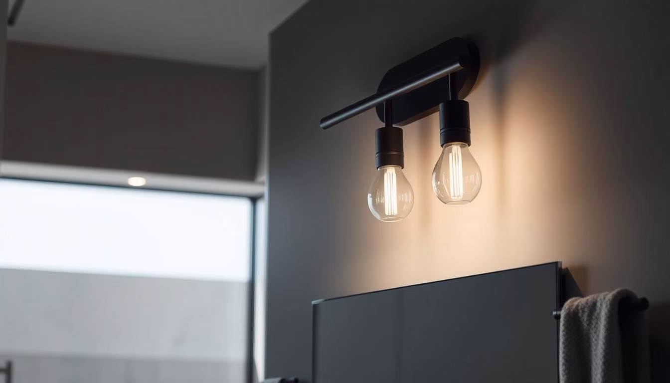 Generate an image of a matte black vanity light fixture in a contemporary bathroom.
