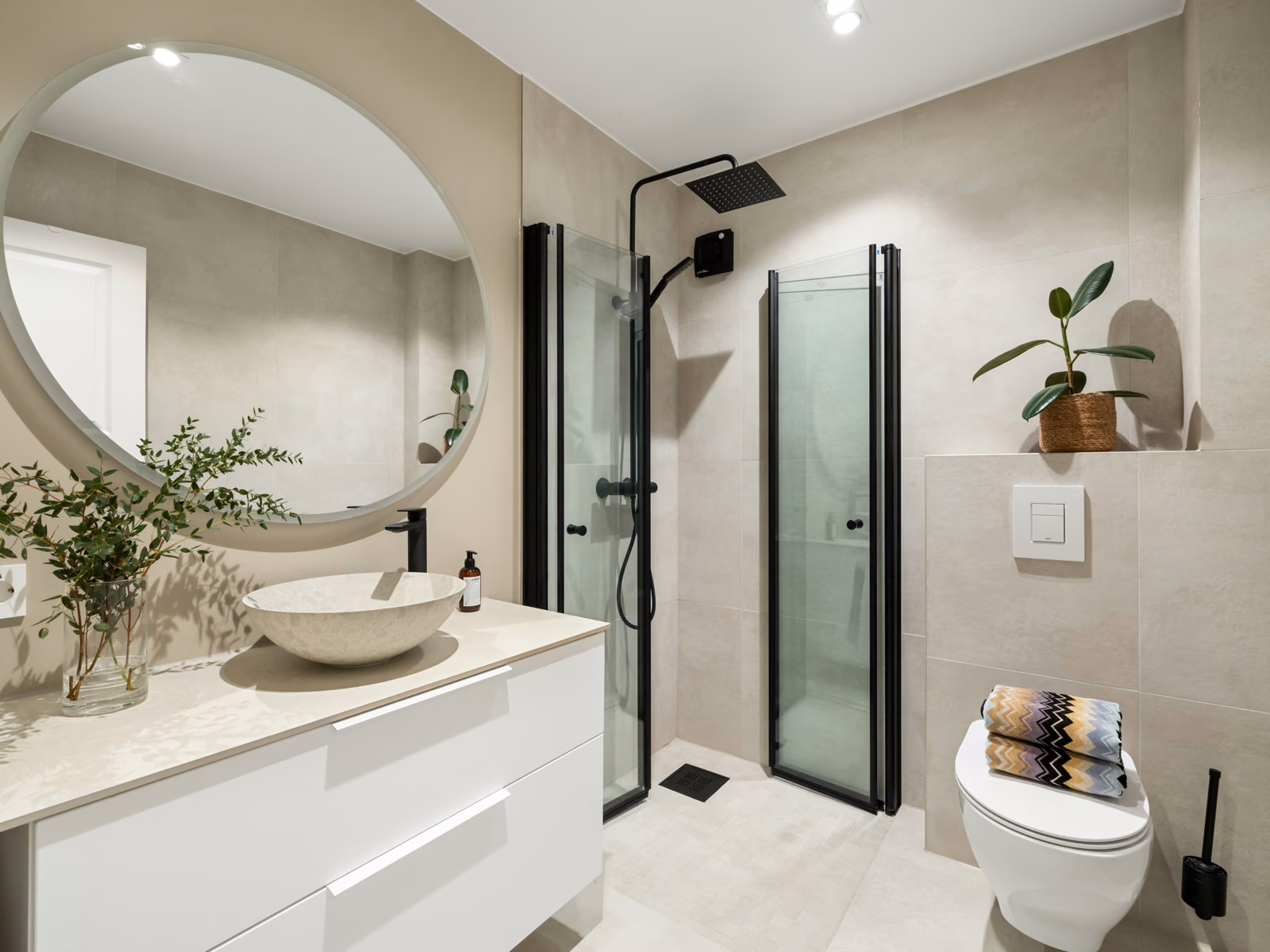 A modern, high-end bathroom with a sleek