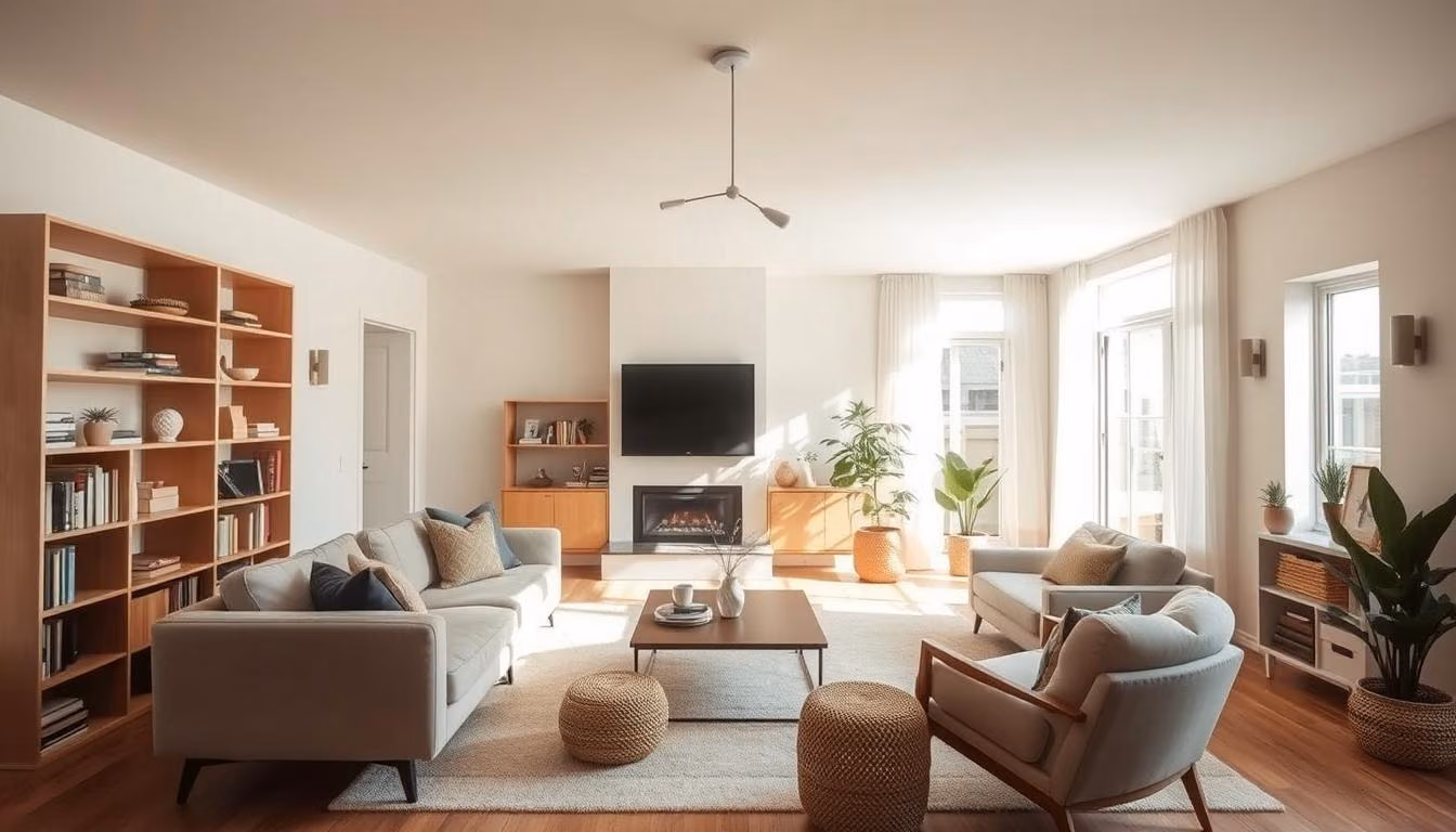 An airy, sun-drenched living room transformation by Renotive. The once-drab space is now flooded with natural light, thanks to large windows and a soft color palette of warm beiges and whites. Mid-century modern furniture, including a plush sofa and armchair, create a cozy yet sophisticated ambiance. Sleek bookshelves line the walls, complemented by nature-inspired accents like potted plants and woven baskets. Soft, diffused lighting from subtle wall sconces and a minimalist pendant fixture add depth and dimension. The result is a harmonious, tranquil retreat that showcases the power of Renotive's interior design expertise.