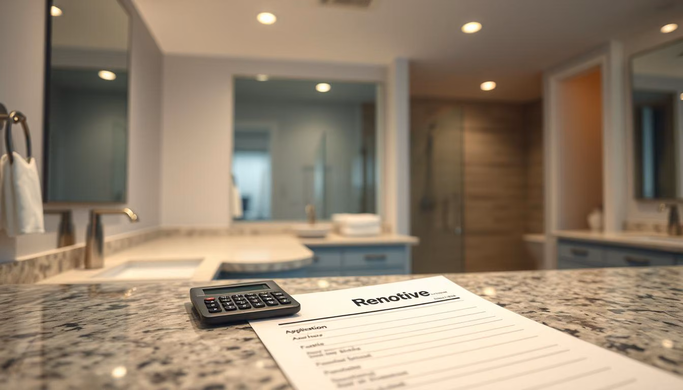 A modern, well-lit bathroom interior with sleek fixtures and clean lines. In the foreground, a Renotive-branded financial application form and calculator lie on a granite countertop, hinting at the process of securing financing for a bathroom remodel. Soft lighting from recessed ceiling fixtures casts a warm glow, conveying a sense of comfort and professionalism. The middle ground features a large, frameless mirror reflecting the scene, while the background showcases stylish tile work and high-end cabinetry, suggesting the luxurious results of a successful bathroom renovation project funded through careful financial planning.