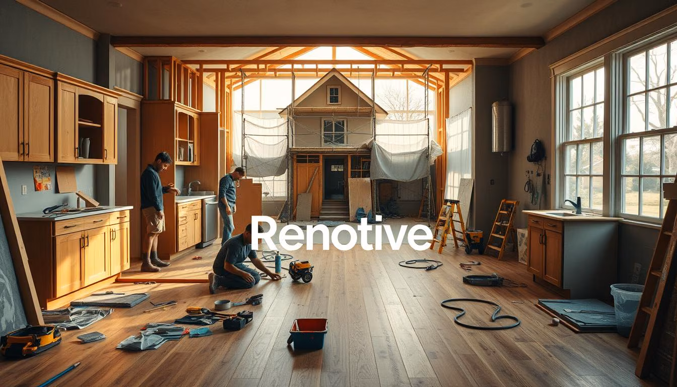 A detailed, multi-layered scene of the home renovation process.