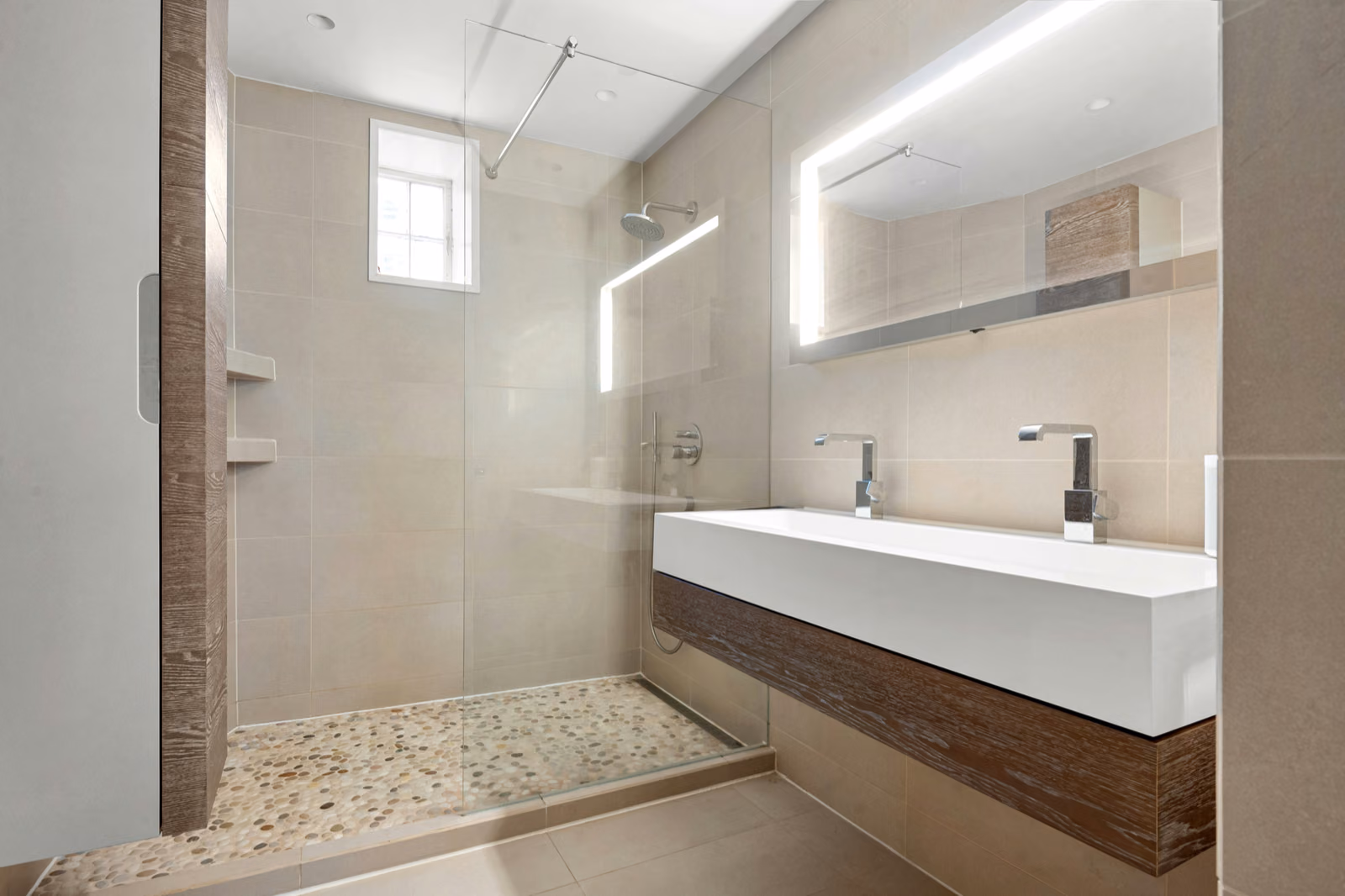 A bright, modern bathroom undergoing a stunning renovation, showcasing the Renotive brand.