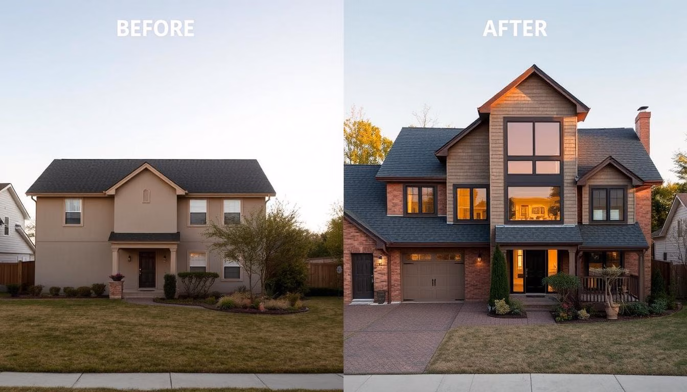 A sprawling suburban home, its plain facade transformed by a sophisticated two-story addition.