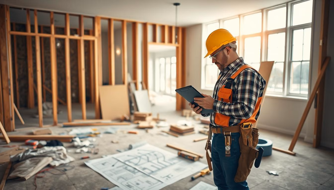 A professional home renovation builder, dressed in a hard hat and tool belt,