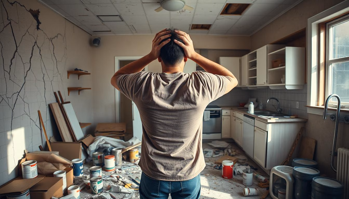 A chaotic home renovation scene, filled with cracks in the walls, crooked shelves, and mismatched tiles.