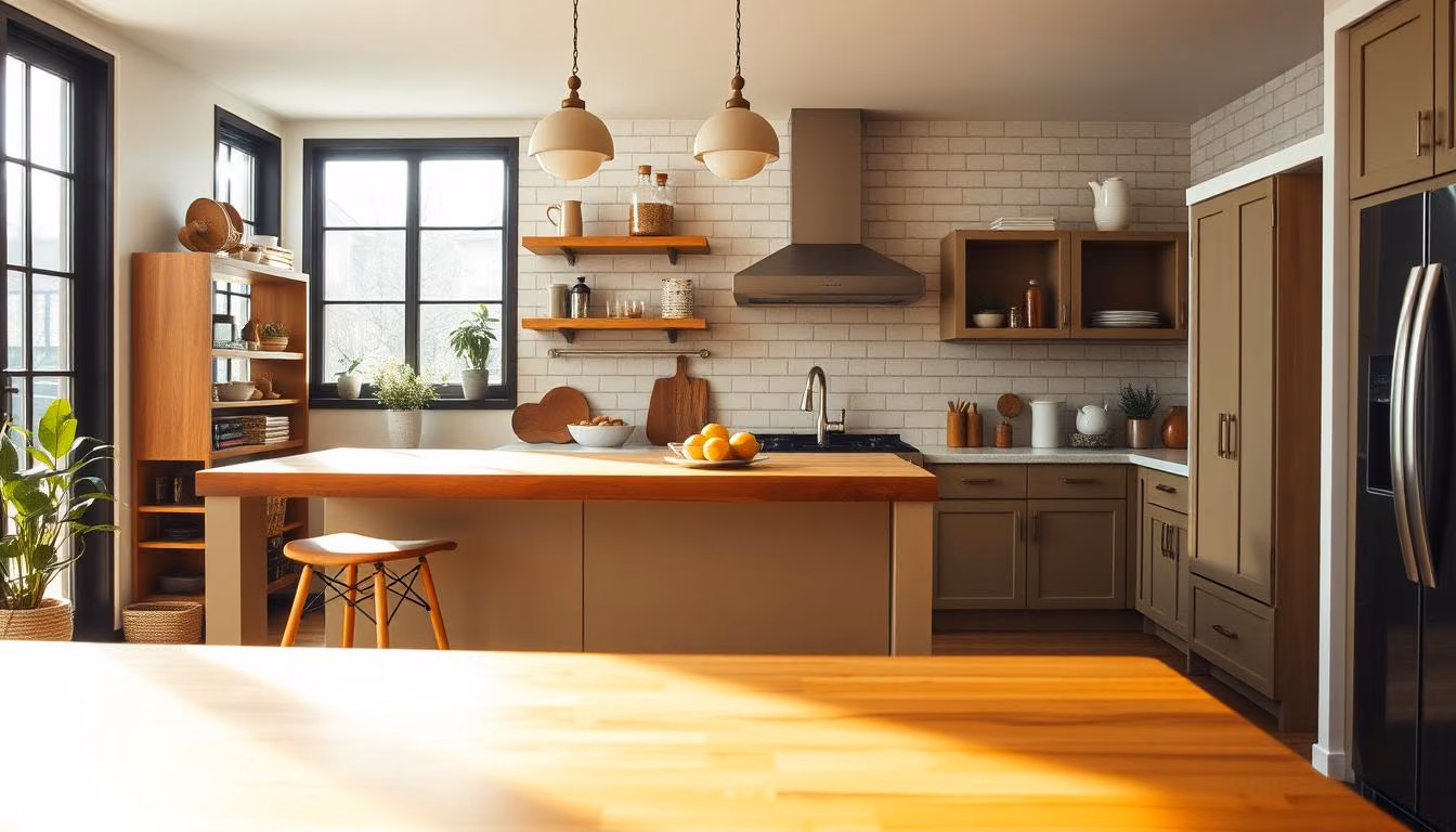 A cozy and inviting kitchen with bright natural lighting streaming through large windows.
