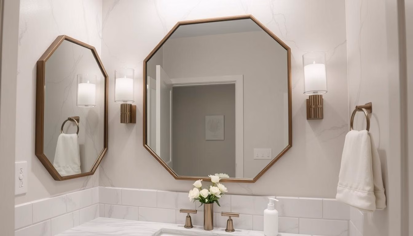 Elevate your guest bathroom with a statement mirror: arched, hexagonal, or oversized.