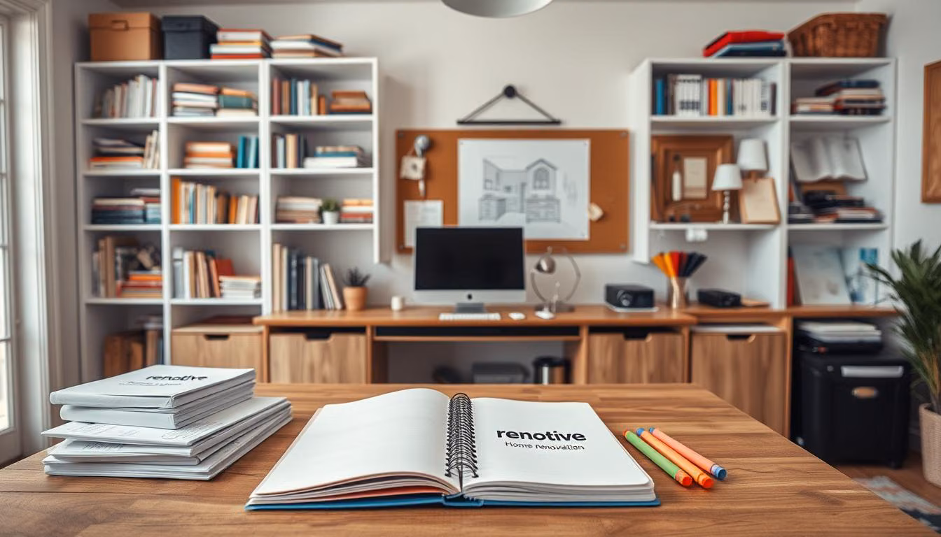 A well-lit home office with a large wooden desk, a computer, a stack of planning documents, and a design sketch pinned to a corkboard.