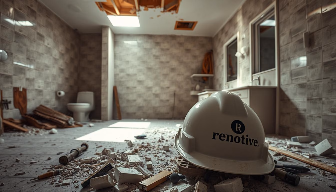 A spacious bathroom in the midst of a thorough demolition, debris and tools scattered across the floor.