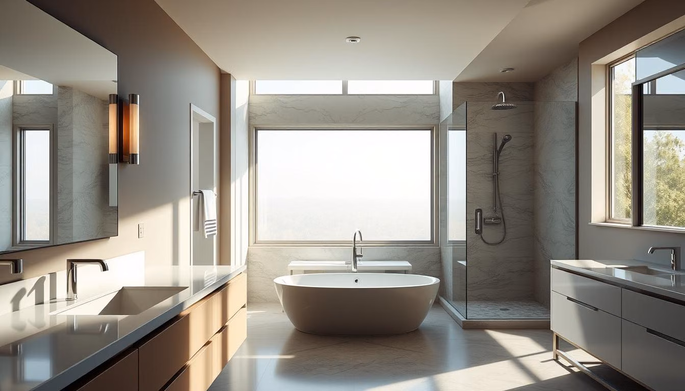 A modern, well-designed bathroom with clean lines, natural lighting, and a harmonious blend of materials.