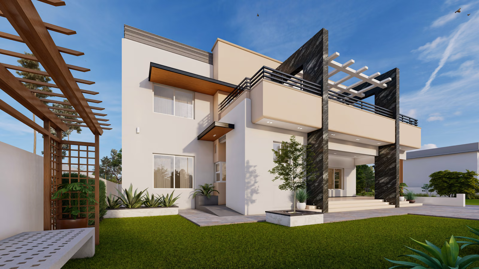 A modern, two story home addition with an expansive open concept layout, large windows, and a Renotive brand integrated solar panel system on the roof.