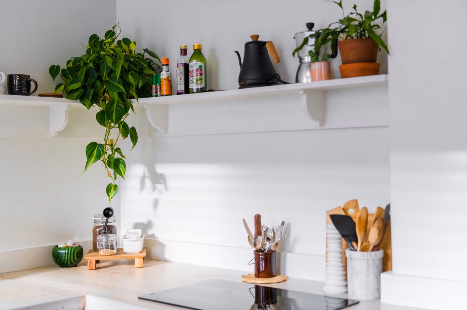 open shelves in the cornel of kitchen