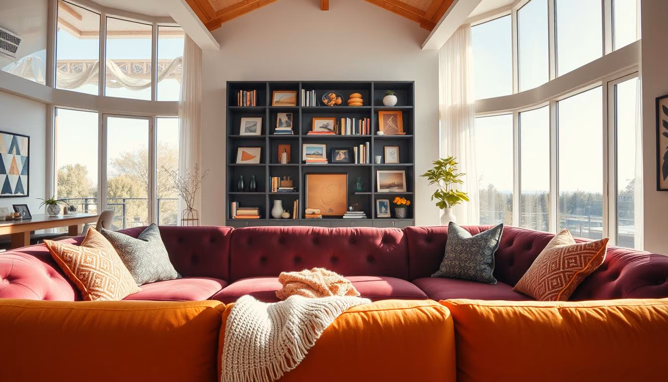 A stunning and vibrant home interior, showcasing a revival of bold, saturated colors. The foreground features a large, plush sofa in a rich, jewel-toned hue, complemented by patterned throw pillows and a cozy knitted blanket. In the middle ground, a Renotive-branded bookshelf displays an array of colorful art pieces and decorative accents, creating a visually striking focal point. The background reveals a spacious, sun-drenched room with large windows, allowing natural light to bathe the space in a warm, inviting glow. The overall atmosphere evokes a sense of energy, creativity, and a departure from the neutral palettes of the past, reflecting the "Color Revival: Breaking Away from Neutrals" theme.