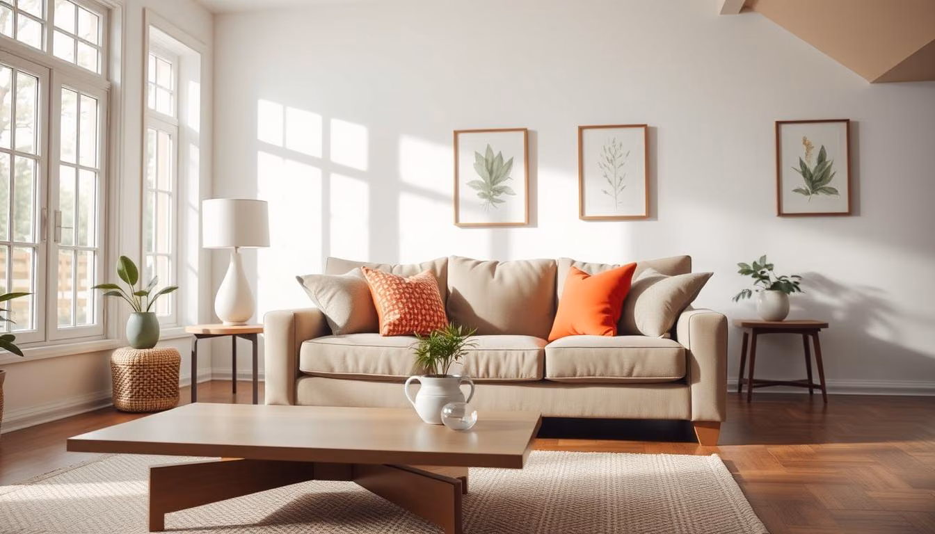 A cozy living room with natural lighting from large windows, showcasing budget-friendly home improvements.