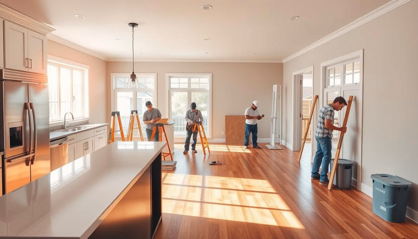 A sprawling Renotive home renovation project, showcasing a variety of common tasks. In the foreground, a gleaming kitchen with sleek, modern cabinetry and stainless steel appliances. In the middle ground, workers carefully installing new hardwood flooring, while in the background, a team paints the walls in a soft, neutral tone. Abundant natural light filters in through large windows, illuminating the space and creating a warm, inviting atmosphere. The scene conveys the transformative power of home renovations, blending functionality, aesthetics, and skilled craftsmanship.