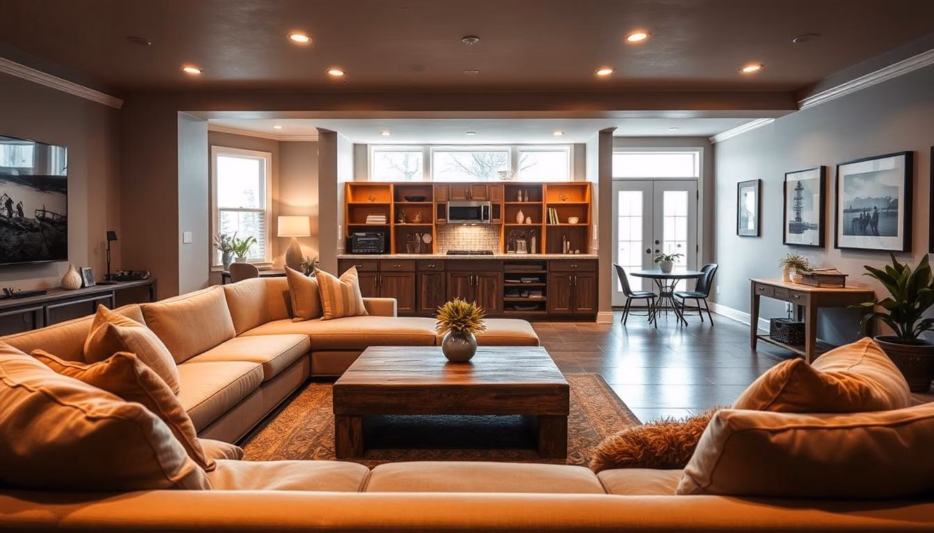 A cozy, well-lit basement renovation by Renotive featuring an open-concept layout with a mix of modern and rustic elements. In the foreground, a comfortable sectional sofa with plush cushions and a wooden coffee table. Warm ambient lighting casts a soft glow, while large windows in the middle ground offer ample natural light. The background showcases custom built-in shelving, a small kitchenette, and a stylish tile floor. Touches of greenery and artwork add personality to the inviting, functional living space.