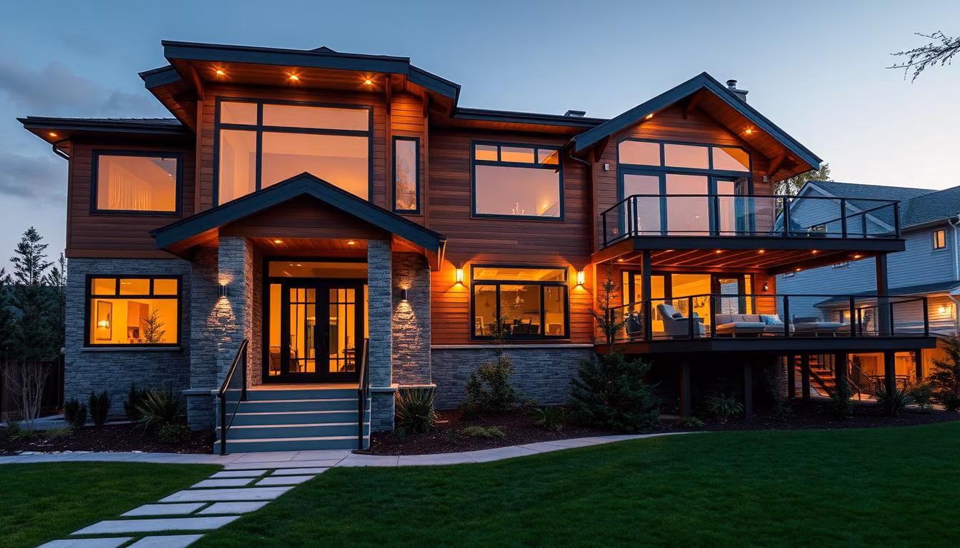 A large, two-story house with a contemporary architectural design, featuring a mix of wood, stone, and glass elements.